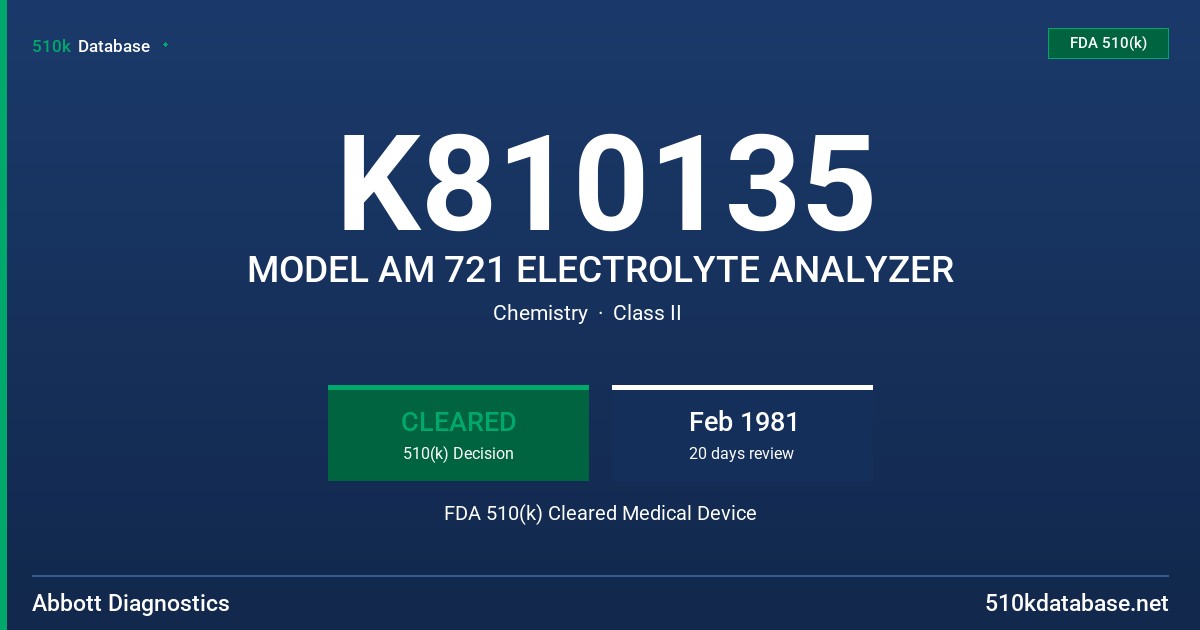 K810135 MODEL AM 721 ELECTROLYTE ANALYZER FDA 510(k) Cleared Medical Device