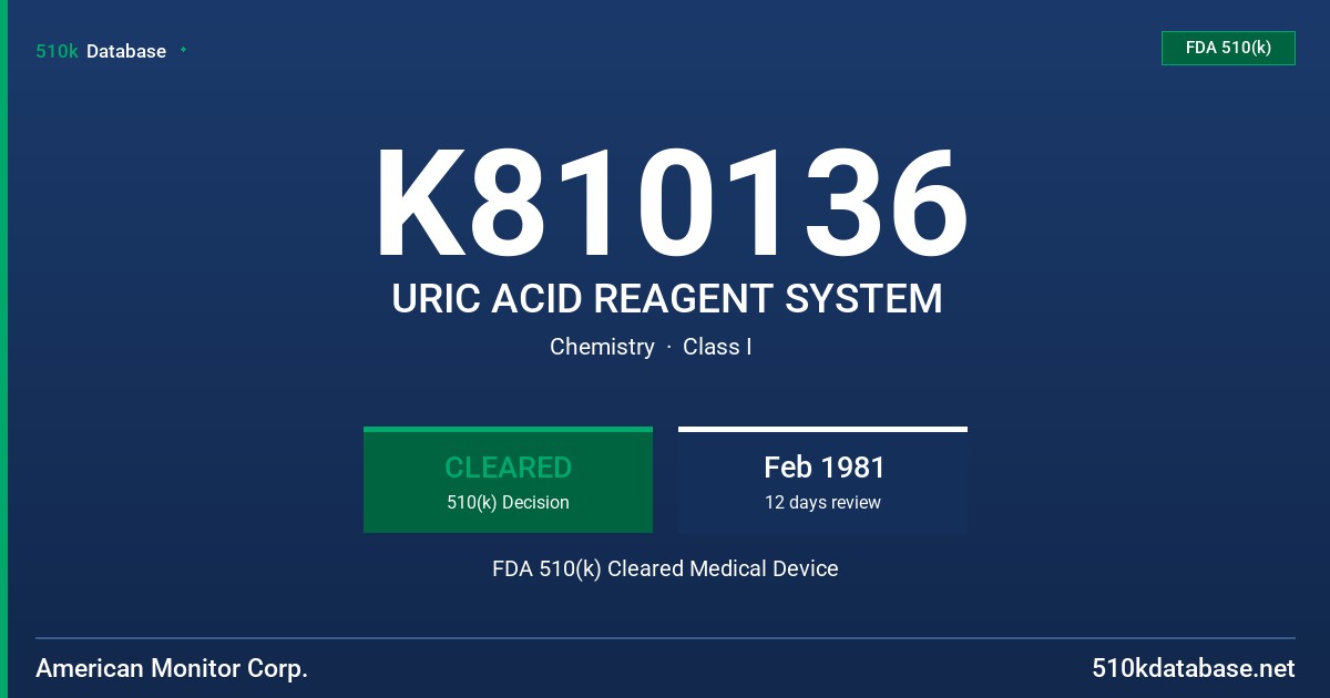 K810136 URIC ACID REAGENT SYSTEM FDA 510(k) Cleared Medical Device