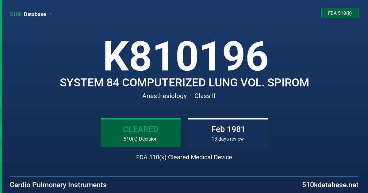 K810196 SYSTEM 84 COMPUTERIZED LUNG VOL. SPIROM FDA 510(k) Cleared Medical Device