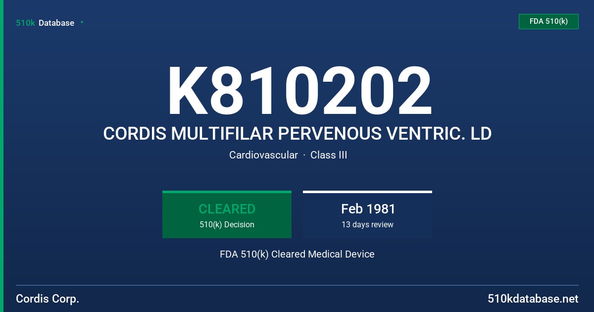 K810202 CORDIS MULTIFILAR PERVENOUS VENTRIC. LD FDA 510(k) Cleared Medical Device