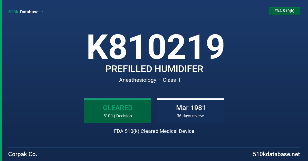 K810219 PREFILLED HUMIDIFER FDA 510(k) Cleared Medical Device