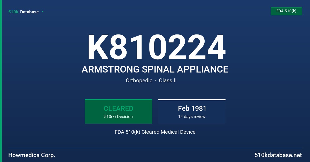 K810224 ARMSTRONG SPINAL APPLIANCE FDA 510(k) Cleared Medical Device