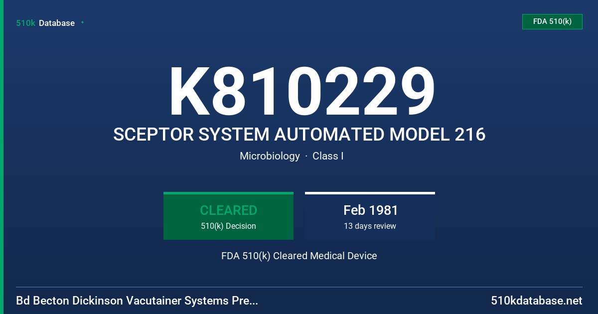 K810229 SCEPTOR SYSTEM AUTOMATED MODEL 216 FDA 510(k) Cleared Medical Device