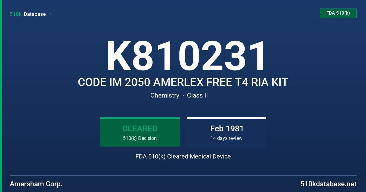 K810231 CODE IM 2050 AMERLEX FREE T4 RIA KIT FDA 510(k) Cleared Medical Device