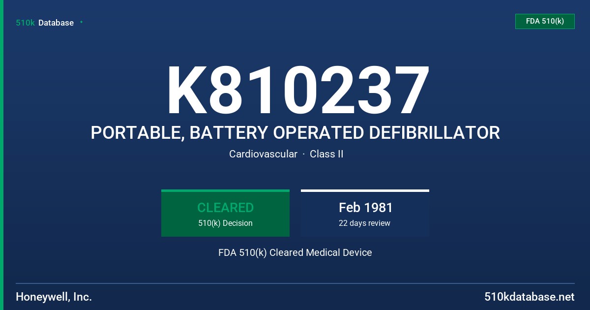 K810237 PORTABLE, BATTERY OPERATED DEFIBRILLATOR FDA 510(k) Cleared Medical Device