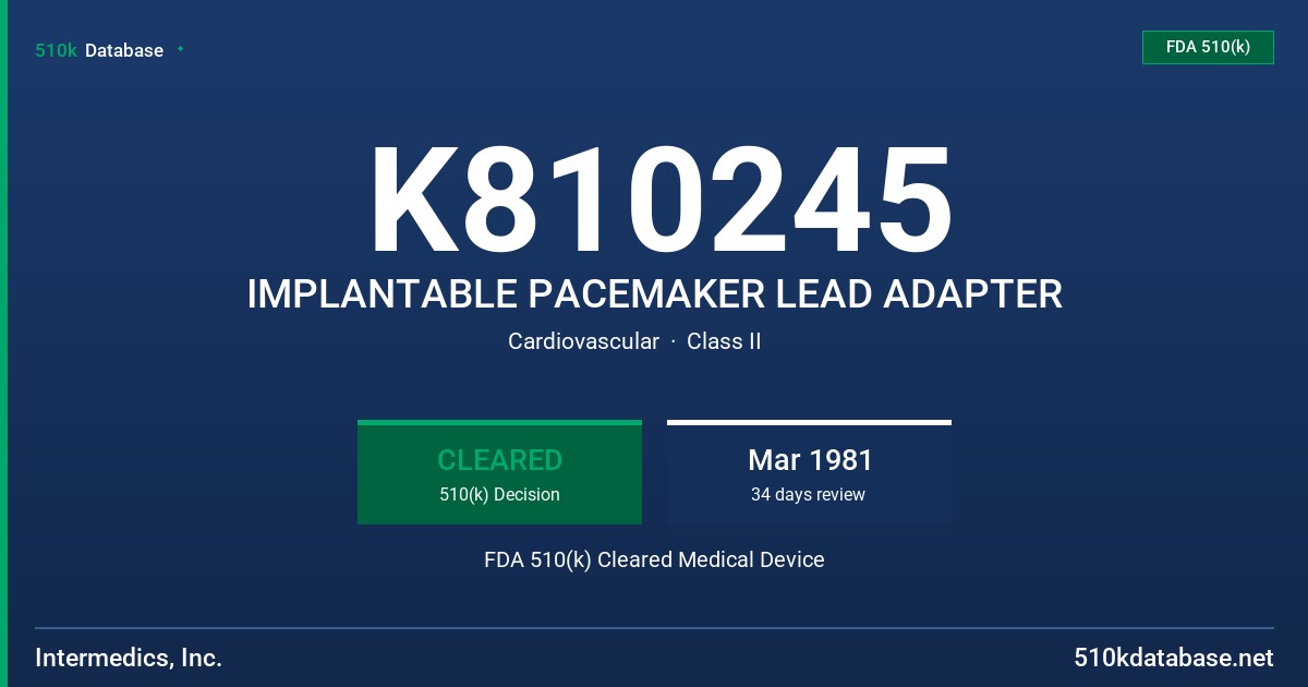 K810245 IMPLANTABLE PACEMAKER LEAD ADAPTER FDA 510(k) Cleared Medical Device