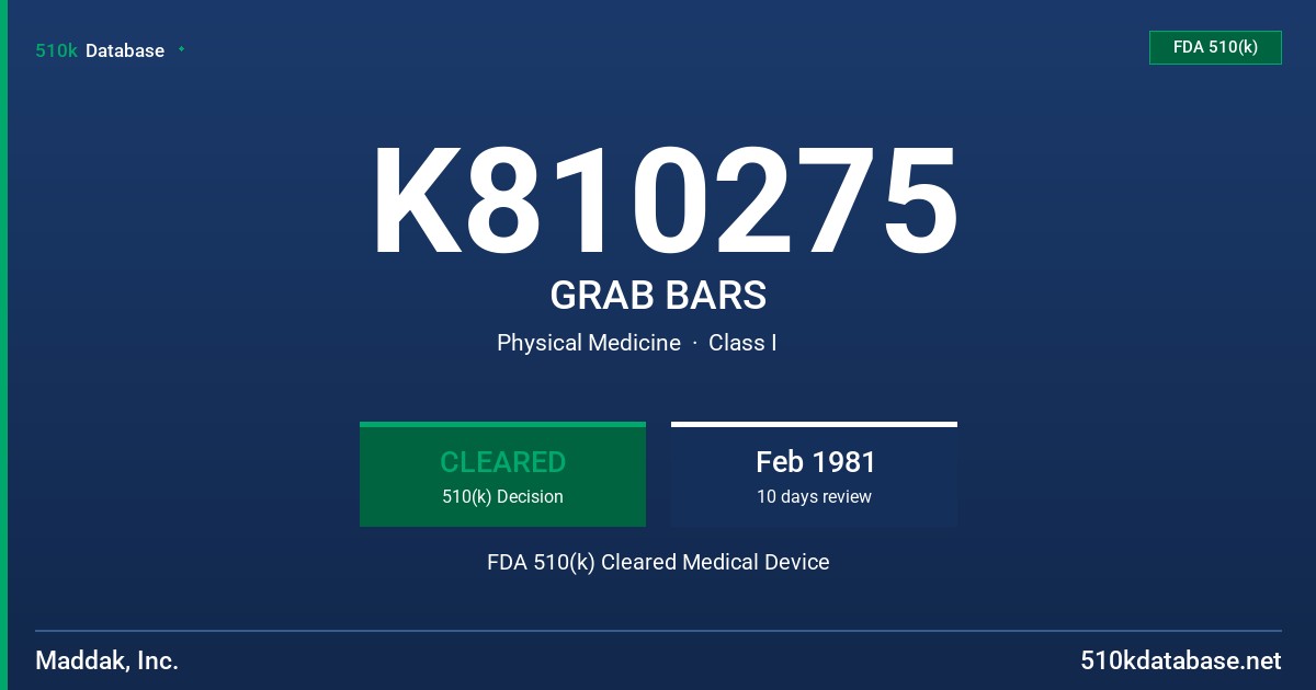 K810275 GRAB BARS FDA 510(k) Cleared Medical Device
