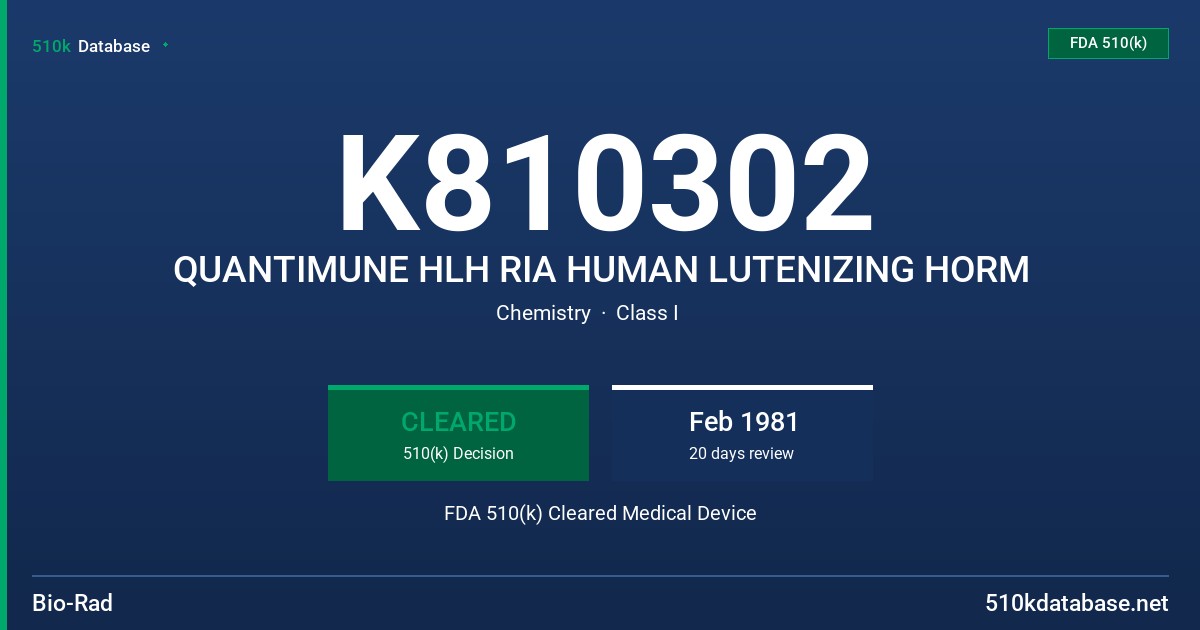 K810302 QUANTIMUNE HLH RIA HUMAN LUTENIZING HORM FDA 510(k) Cleared Medical Device