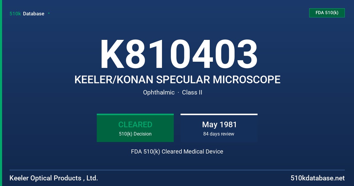K810403 KEELER/KONAN SPECULAR MICROSCOPE FDA 510(k) Cleared Medical Device