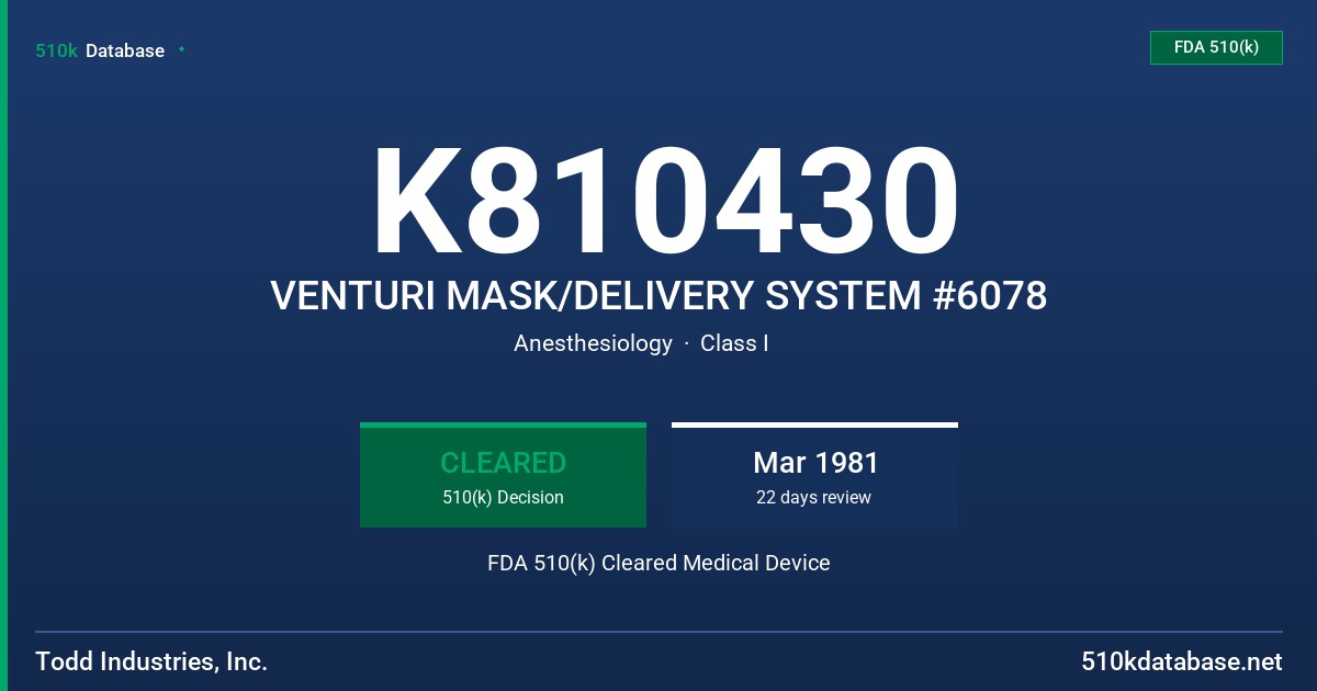 K810430 VENTURI MASK/DELIVERY SYSTEM #6078 FDA 510(k) Cleared Medical Device