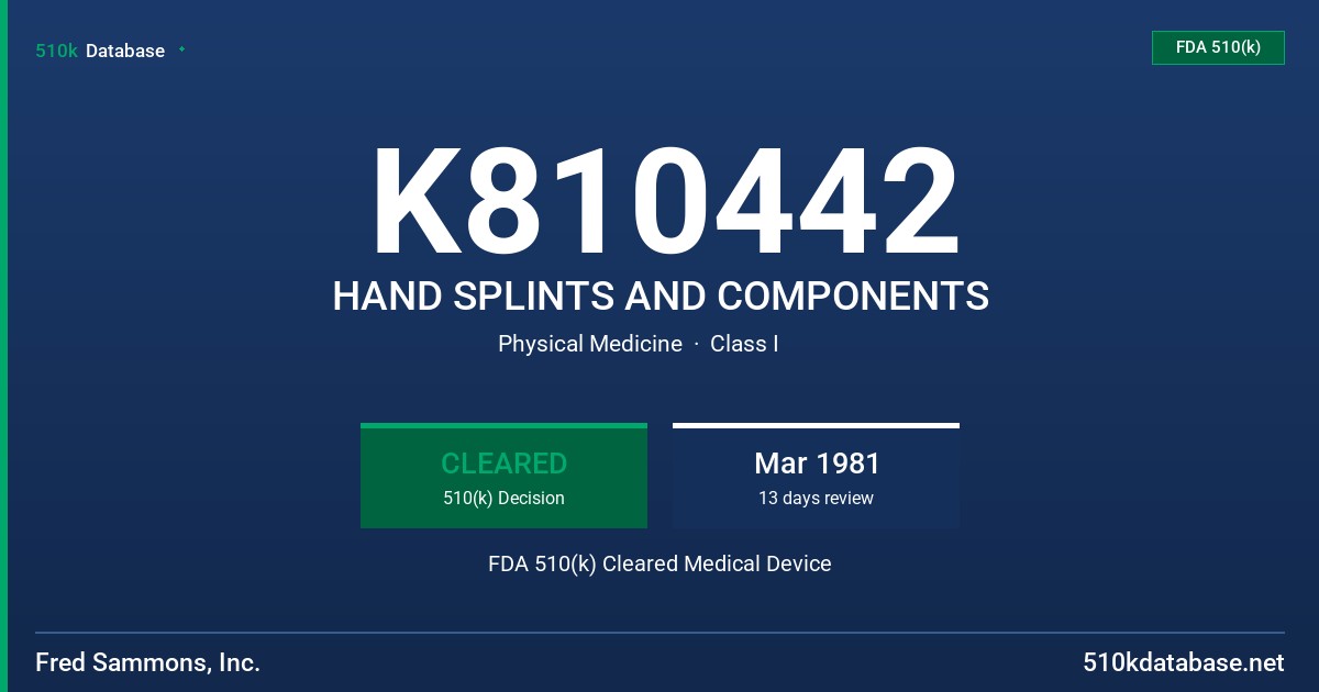 K810442 HAND SPLINTS AND COMPONENTS FDA 510(k) Cleared Medical Device