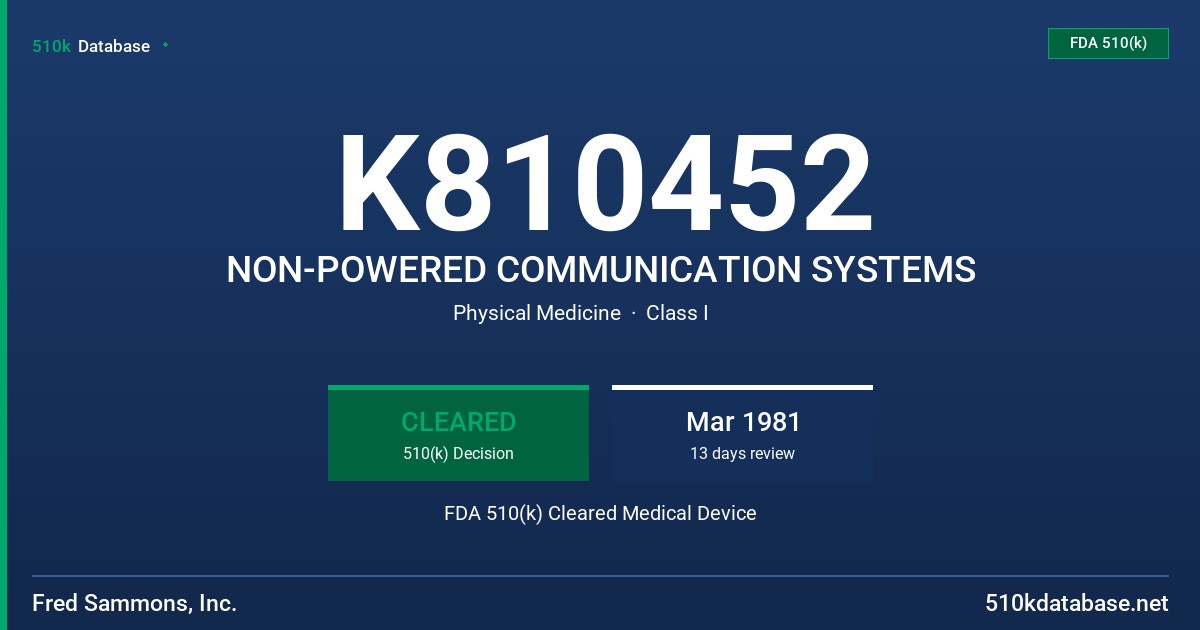 K810452 NON-POWERED COMMUNICATION SYSTEMS FDA 510(k) Cleared Medical Device