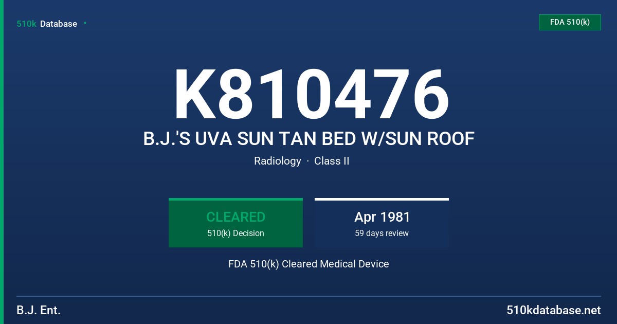 K810476 B.J.'S UVA SUN TAN BED W/SUN ROOF FDA 510(k) Cleared Medical Device