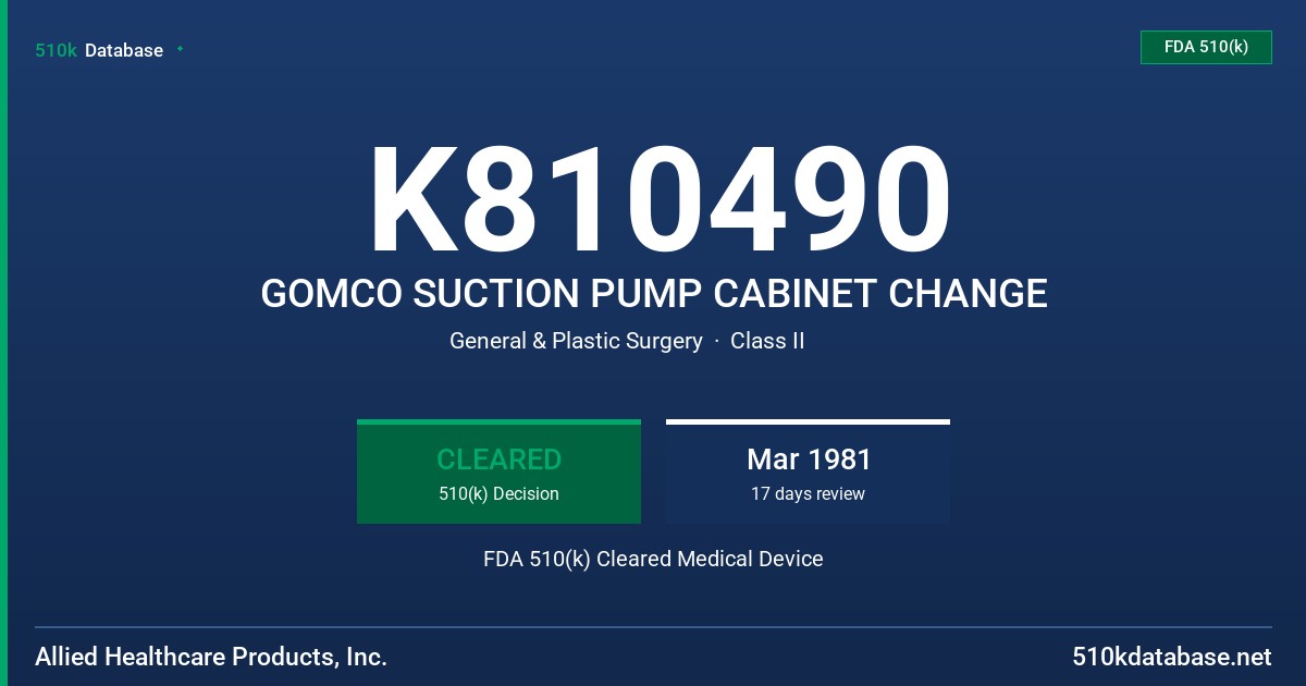 K810490 GOMCO SUCTION PUMP CABINET CHANGE FDA 510(k) Cleared Medical Device
