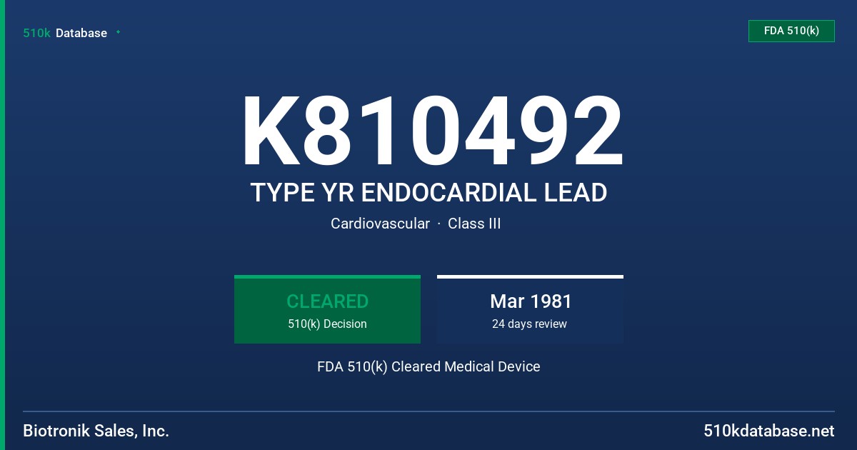 K810492 TYPE YR ENDOCARDIAL LEAD FDA 510(k) Cleared Medical Device