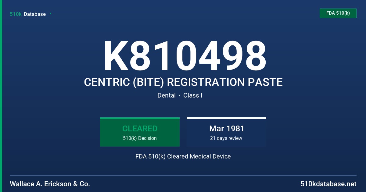 K810498 CENTRIC (BITE) REGISTRATION PASTE FDA 510(k) Cleared Medical Device