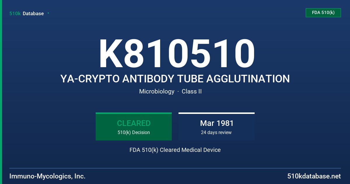 K810510 YA-CRYPTO ANTIBODY TUBE AGGLUTINATION FDA 510(k) Cleared Medical Device