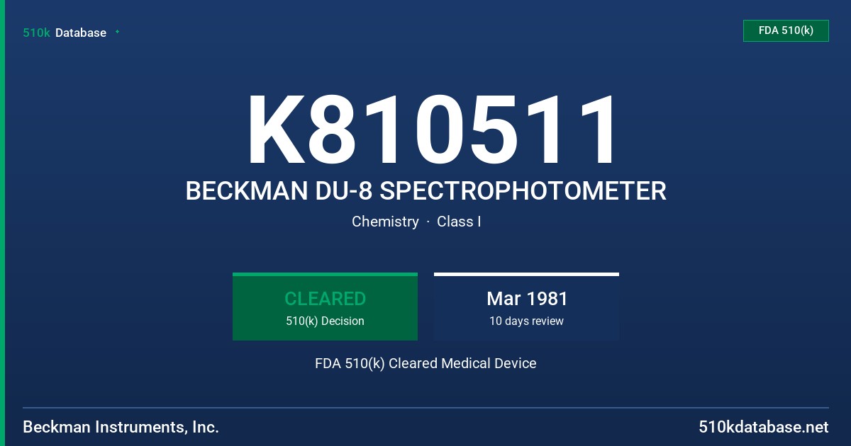 K810511 BECKMAN DU-8 SPECTROPHOTOMETER FDA 510(k) Cleared Medical Device