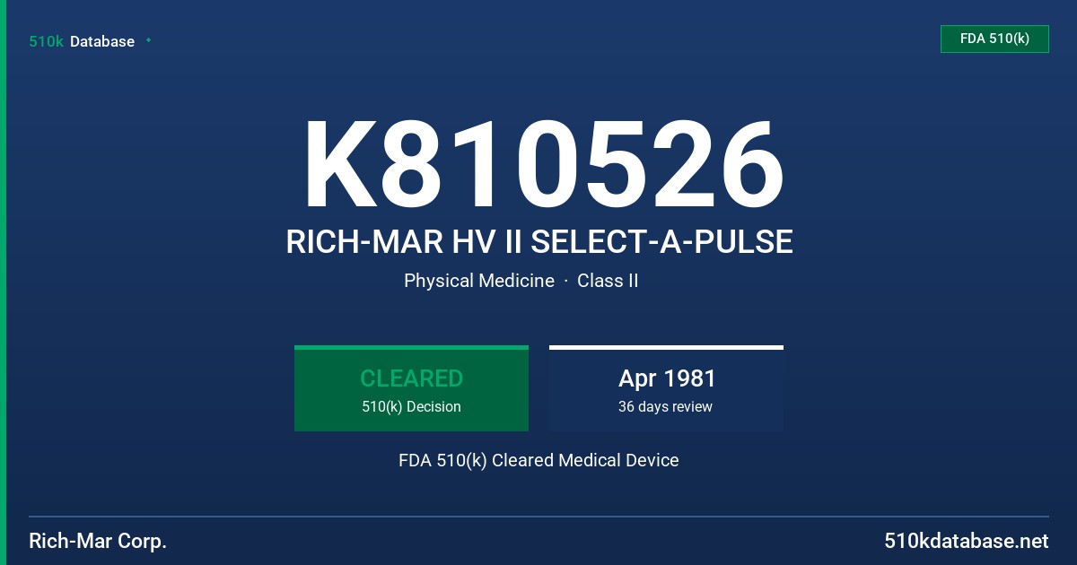 K810526 RICH-MAR HV II SELECT-A-PULSE FDA 510(k) Cleared Medical Device