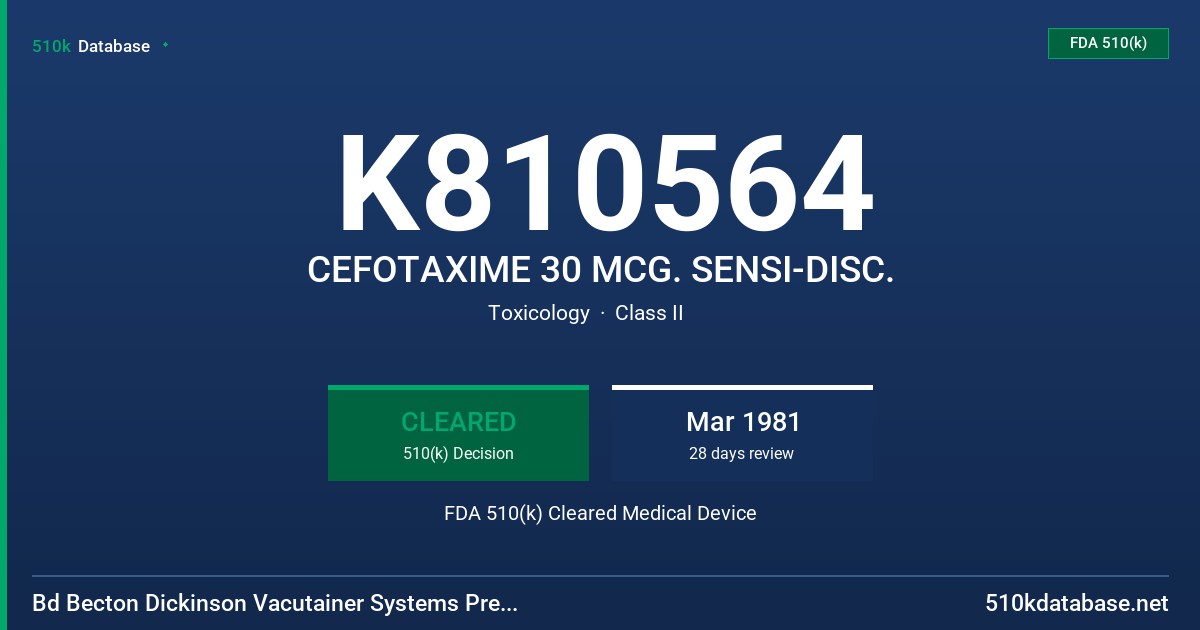 K810564 CEFOTAXIME 30 MCG. SENSI-DISC. FDA 510(k) Cleared Medical Device