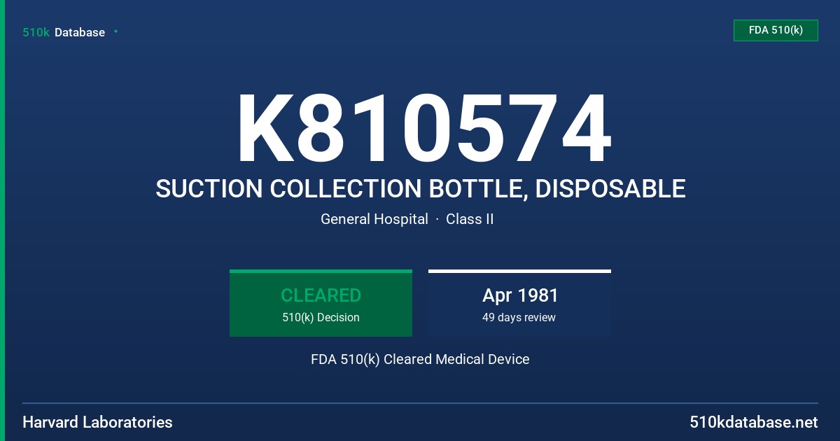 K810574 SUCTION COLLECTION BOTTLE, DISPOSABLE FDA 510(k) Cleared Medical Device