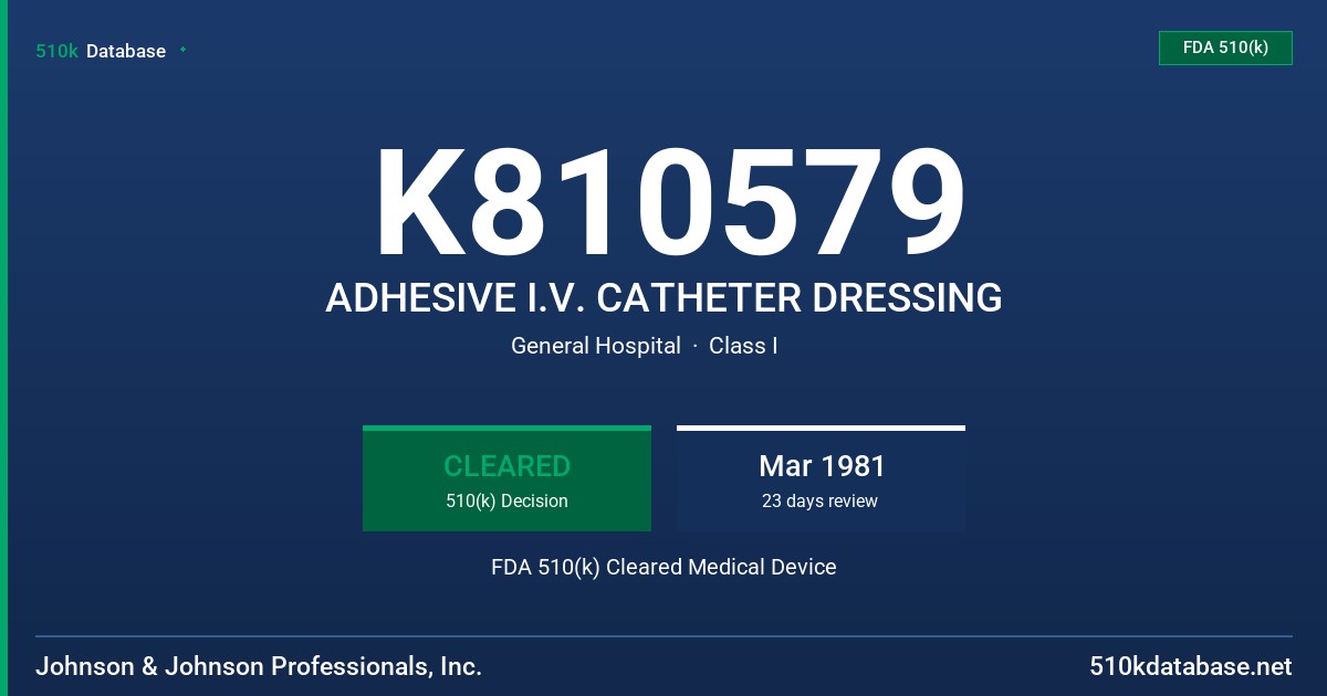 K810579 ADHESIVE I.V. CATHETER DRESSING FDA 510(k) Cleared Medical Device