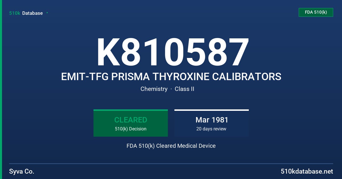 K810587 EMIT-TFG PRISMA THYROXINE CALIBRATORS FDA 510(k) Cleared Medical Device