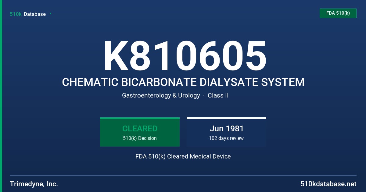 K810605 CHEMATIC BICARBONATE DIALYSATE SYSTEM FDA 510(k) Cleared Medical Device