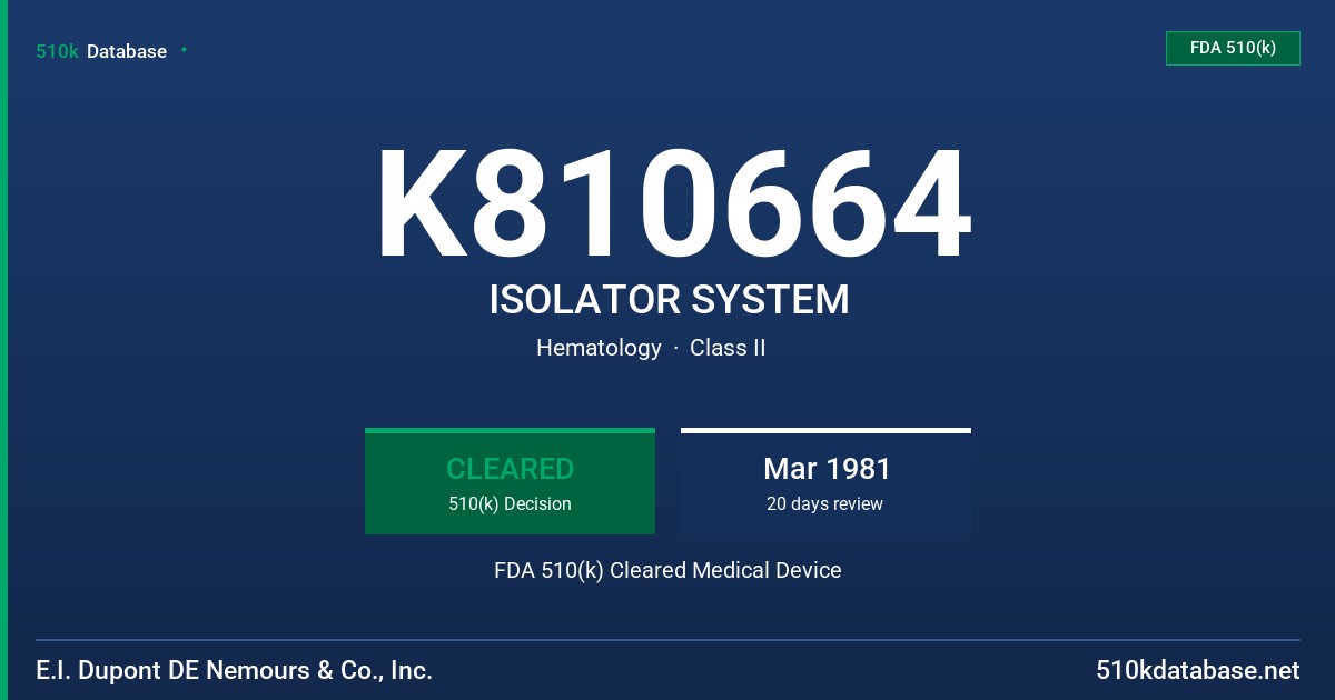 K810664 ISOLATOR SYSTEM FDA 510(k) Cleared Medical Device