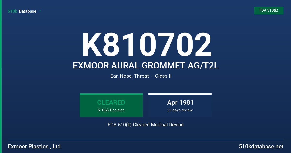 K810702 EXMOOR AURAL GROMMET AG/T2L FDA 510(k) Cleared Medical Device