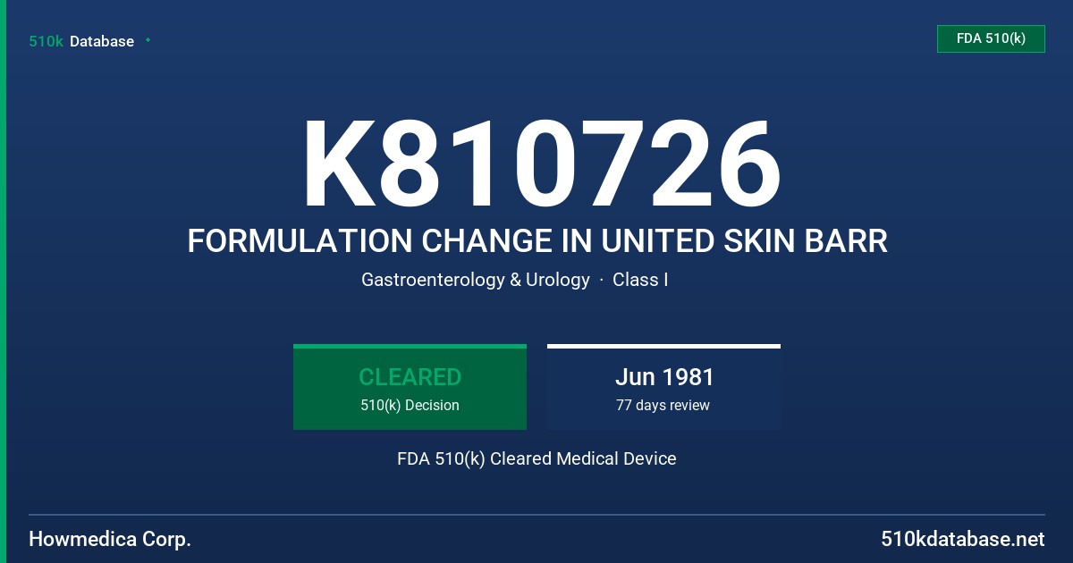 K810726 FORMULATION CHANGE IN UNITED SKIN BARR FDA 510(k) Cleared Medical Device