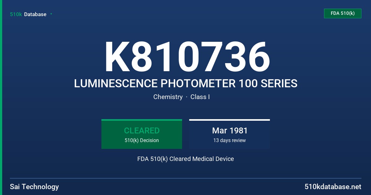 K810736 LUMINESCENCE PHOTOMETER 100 SERIES FDA 510(k) Cleared Medical Device