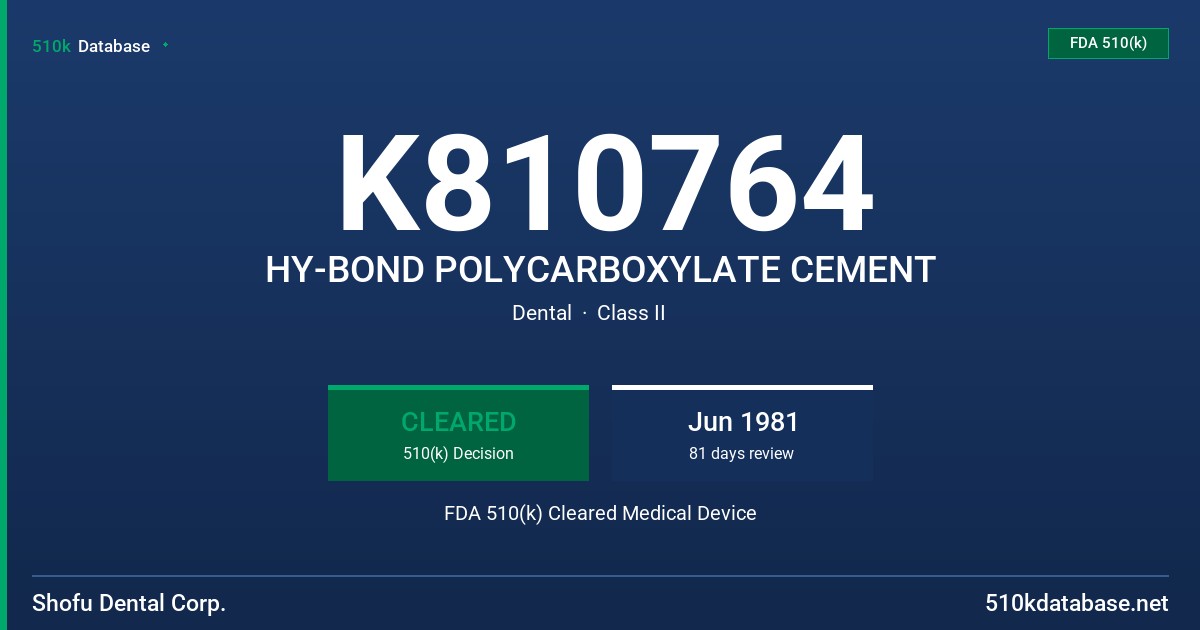 K810764 HY-BOND POLYCARBOXYLATE CEMENT FDA 510(k) Cleared Medical Device