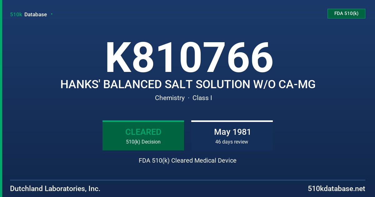 K810766 HANKS' BALANCED SALT SOLUTION W/O CA-MG FDA 510(k) Cleared Medical Device