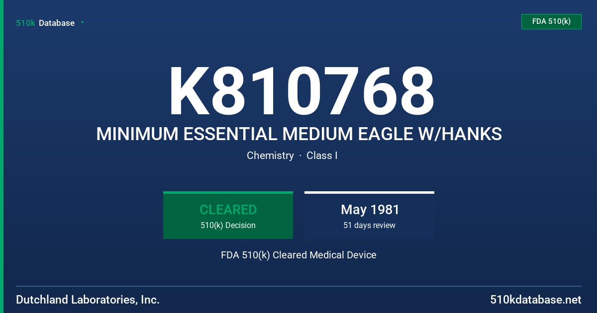 K810768 MINIMUM ESSENTIAL MEDIUM EAGLE W/HANKS FDA 510(k) Cleared Medical Device