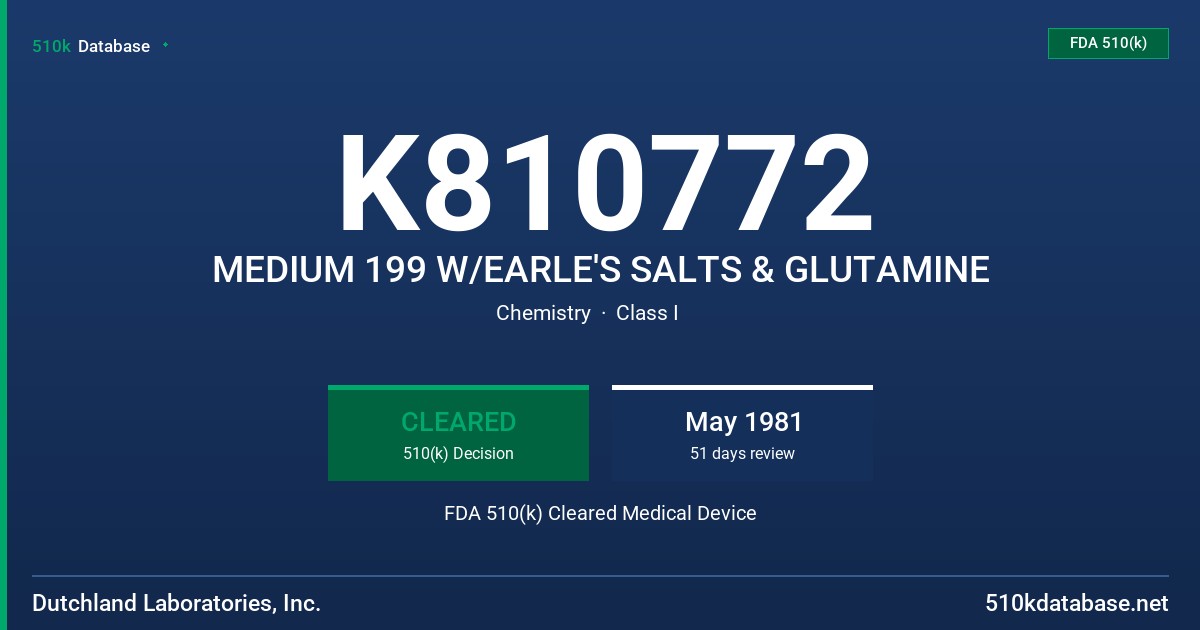 K810772 MEDIUM 199 W/EARLE'S SALTS & GLUTAMINE FDA 510(k) Cleared Medical Device