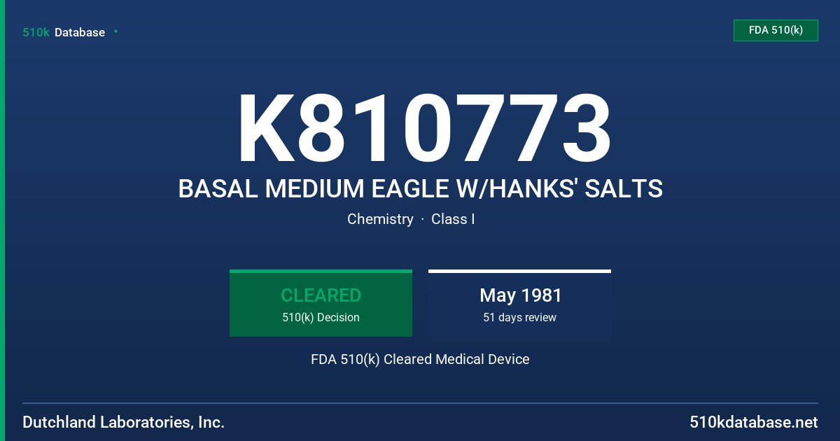 K810773 BASAL MEDIUM EAGLE W/HANKS' SALTS FDA 510(k) Cleared Medical Device