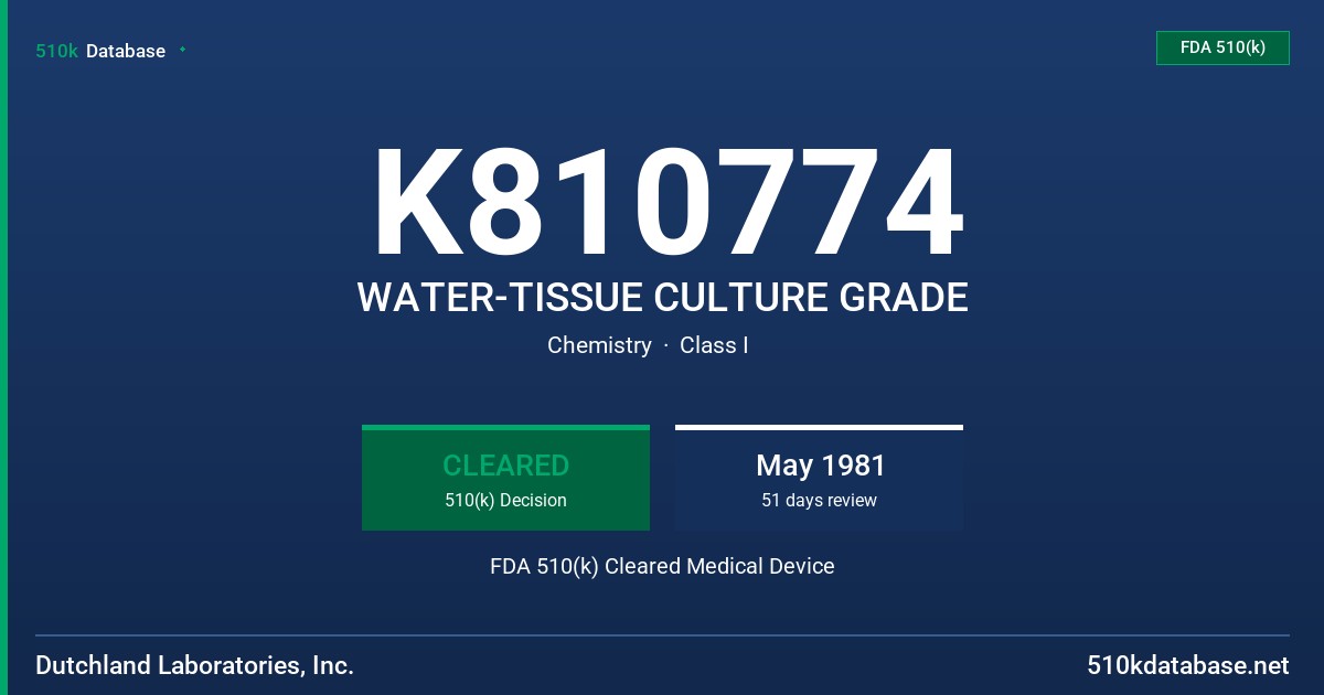 K810774 WATER-TISSUE CULTURE GRADE FDA 510(k) Cleared Medical Device