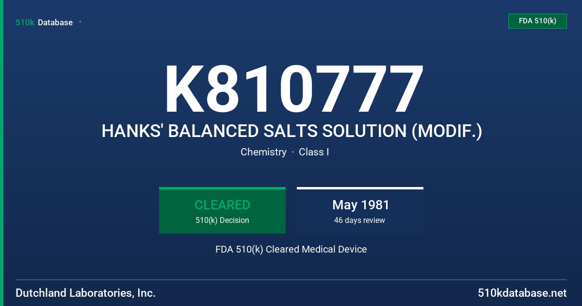 K810777 HANKS' BALANCED SALTS SOLUTION (MODIF.) FDA 510(k) Cleared Medical Device