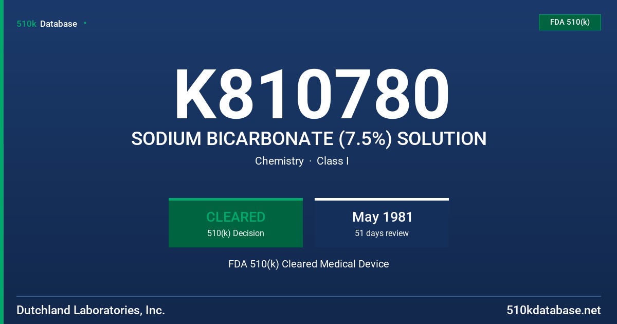 K810780 SODIUM BICARBONATE (7.5%) SOLUTION FDA 510(k) Cleared Medical Device