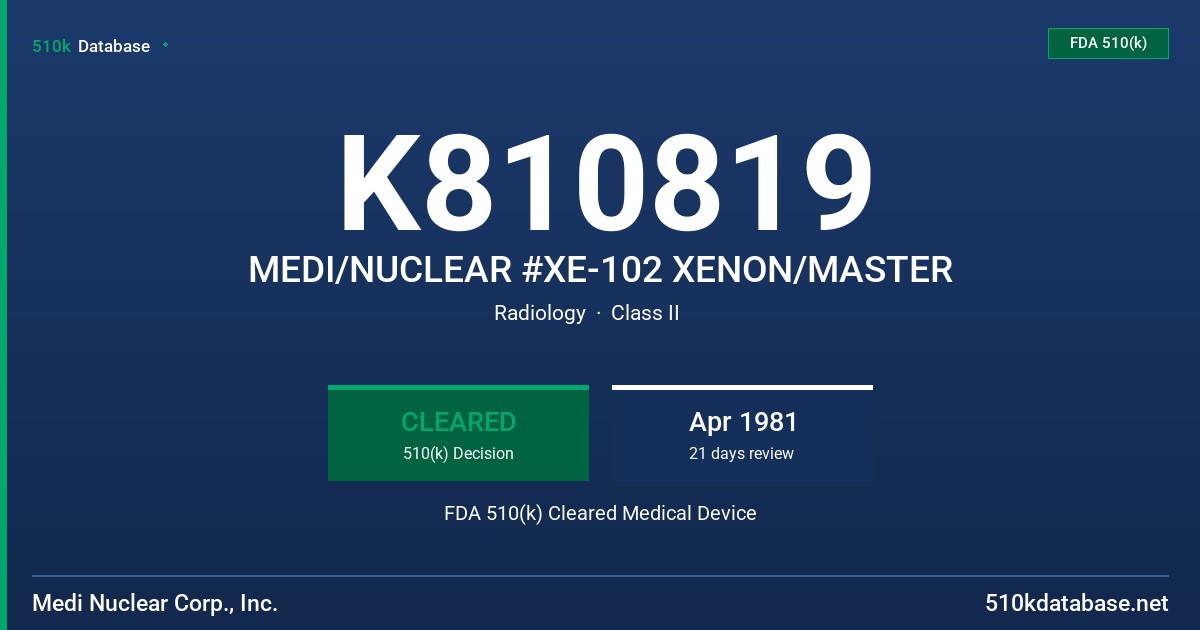 K810819 MEDI/NUCLEAR #XE-102 XENON/MASTER FDA 510(k) Cleared Medical Device