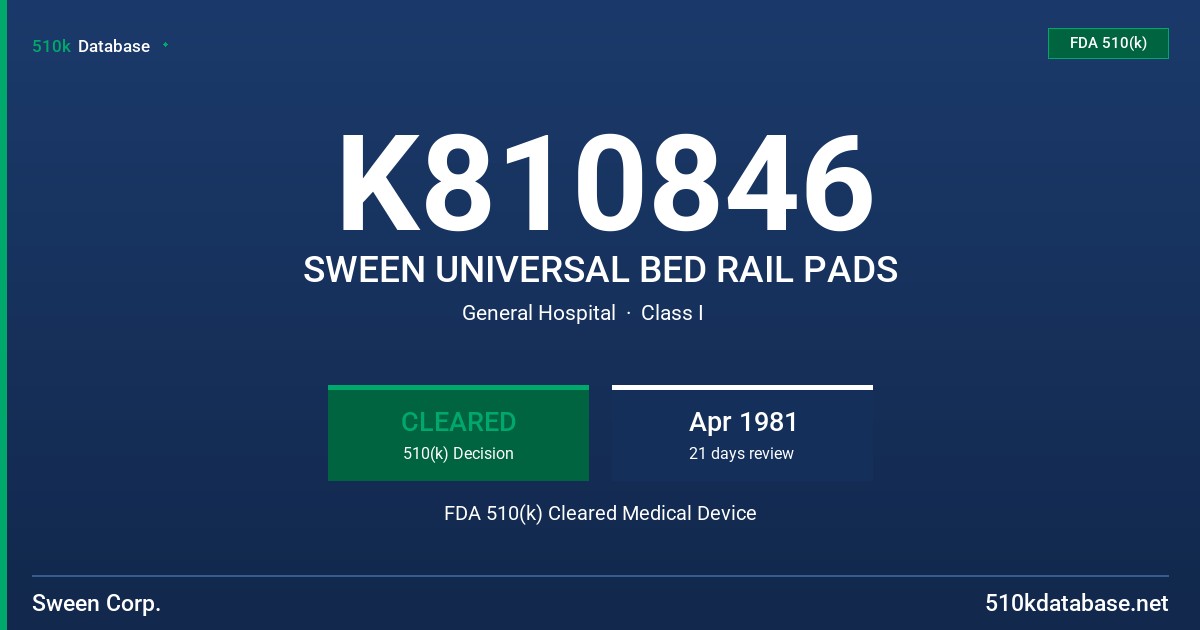K810846 SWEEN UNIVERSAL BED RAIL PADS FDA 510(k) Cleared Medical Device