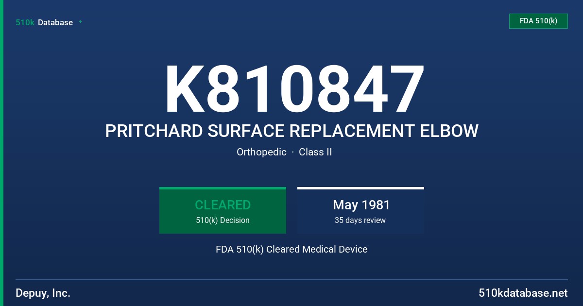 K810847 PRITCHARD SURFACE REPLACEMENT ELBOW FDA 510(k) Cleared Medical Device