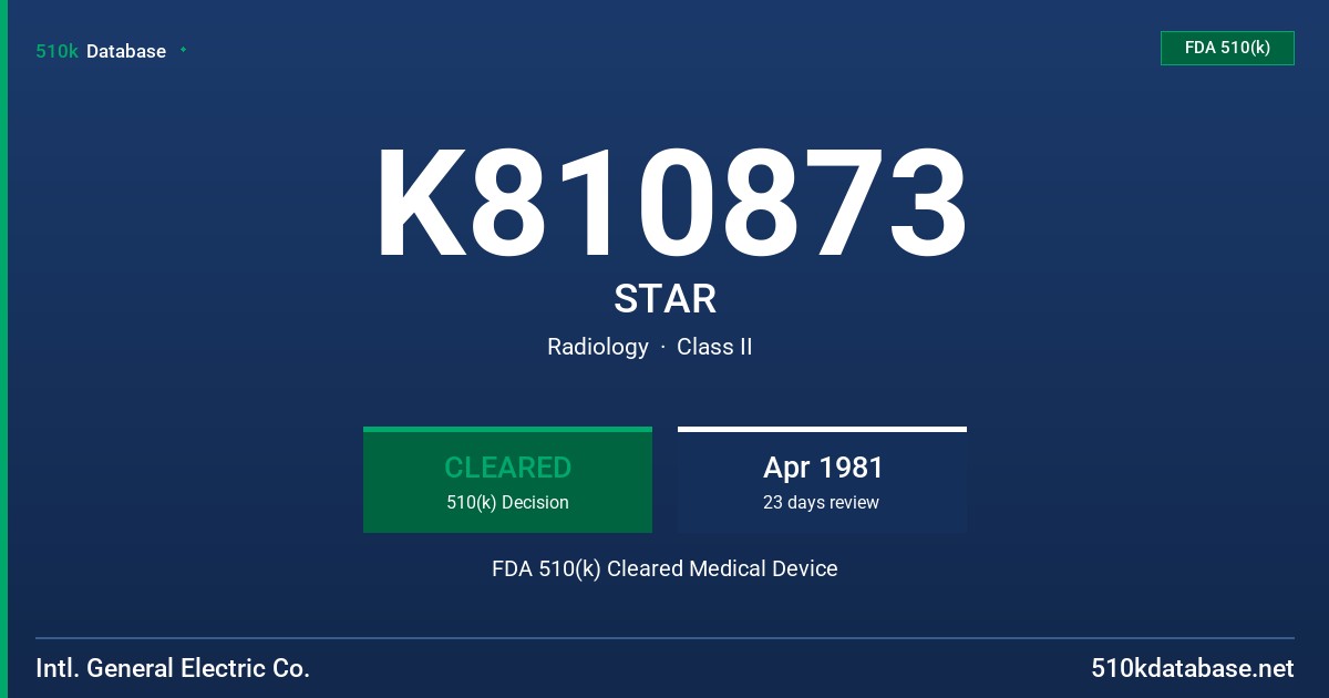 K810873 STAR FDA 510(k) Cleared Medical Device