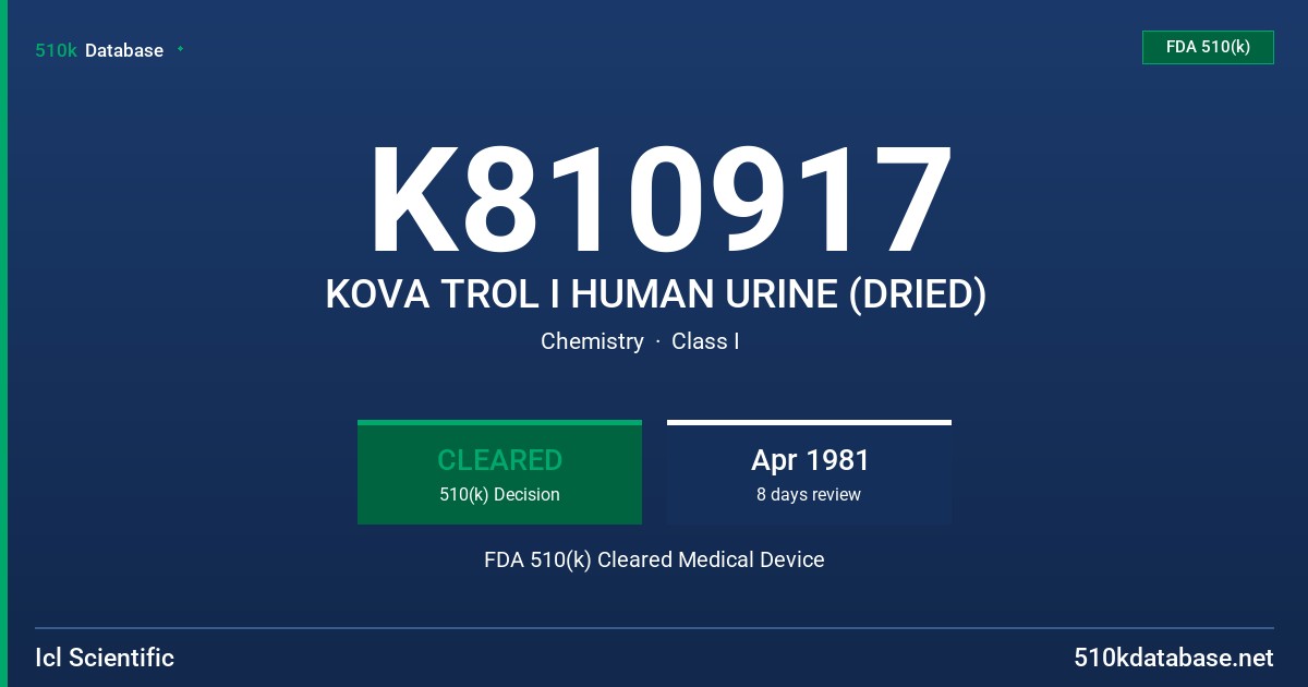 K810917 KOVA TROL I HUMAN URINE (DRIED) FDA 510(k) Cleared Medical Device