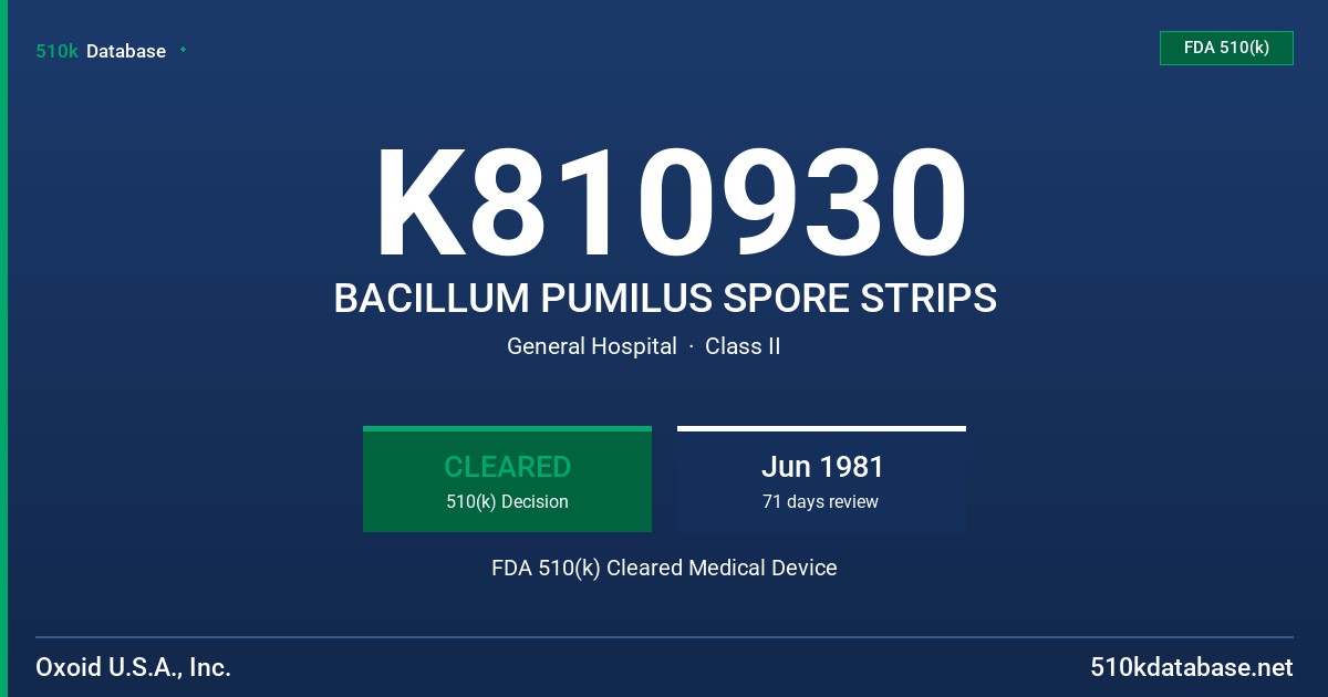 K810930 BACILLUM PUMILUS SPORE STRIPS FDA 510(k) Cleared Medical Device