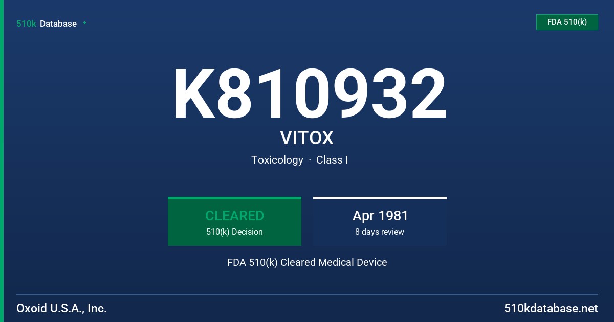 K810932 VITOX FDA 510(k) Cleared Medical Device