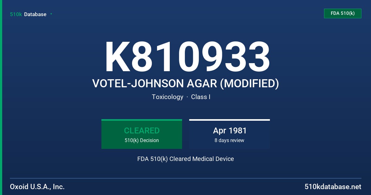 K810933 VOTEL-JOHNSON AGAR (MODIFIED) FDA 510(k) Cleared Medical Device