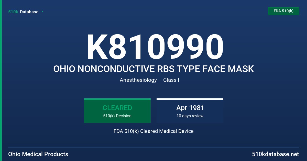 K810990 OHIO NONCONDUCTIVE RBS TYPE FACE MASK FDA 510(k) Cleared Medical Device