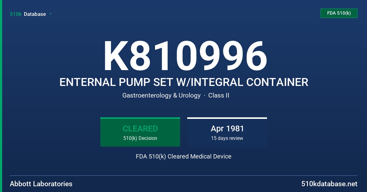 K810996 ENTERNAL PUMP SET W/INTEGRAL CONTAINER FDA 510(k) Cleared Medical Device